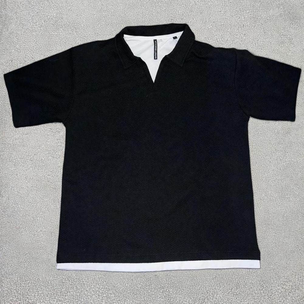 HK Works London Mens Black Textured Knit Johnny Collar Polo Shirt Mock Layer L